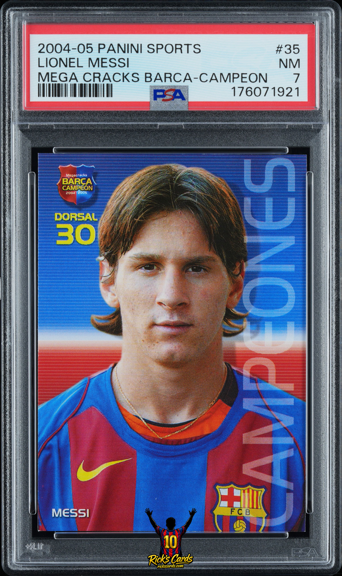 2004‑05 Panini Sports Mega Cracks Barça #35 Lionel Messi “Campeón” Spanish – PSA 7 Cert 176071921