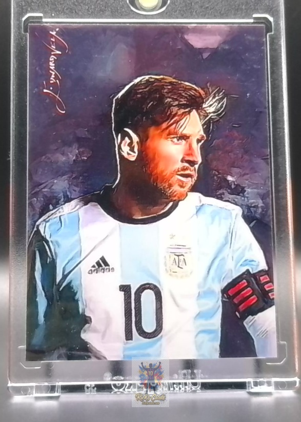   2018 Edward Vela Lionel Messi card is from the Limited Edition Giclee Print Art Card (ACEO) set, card #5, featuring Limited Edition, Serial Numbered, Artist Autographed. Messi Cards 22
