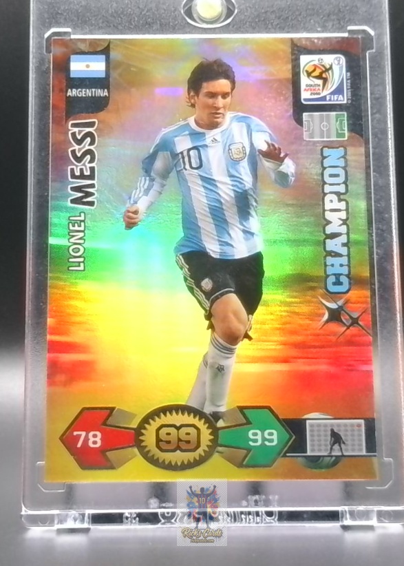   2010 Panini Lionel Messi card is from the Adrenalyn XL FIFA World Cup South Africa set, card #21, featuring Champion Insert. Messi Cards 33
