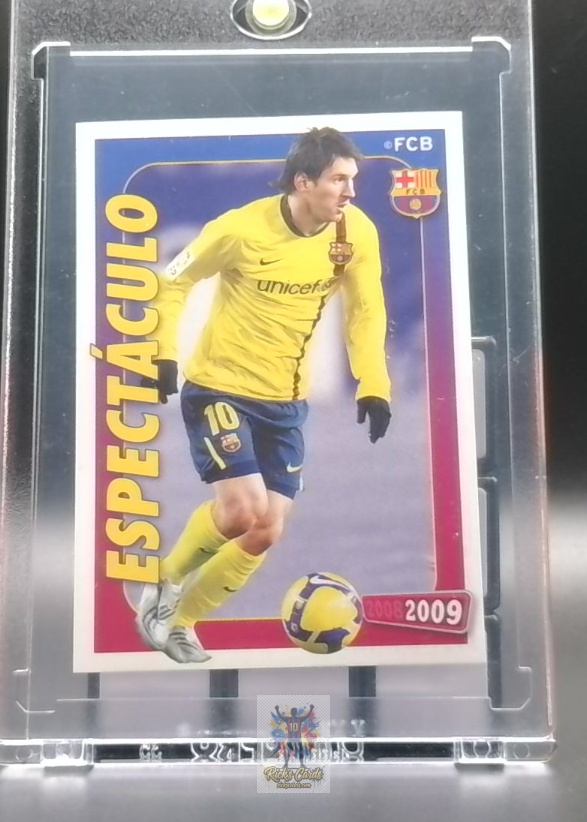   2008 Panini Lionel Messi card is from the FC Barcelona Colección Oficial de Cromos set, card #137, featuring "Espectáculo" Insert, Unpeeled Sticker. Messi Cards 38