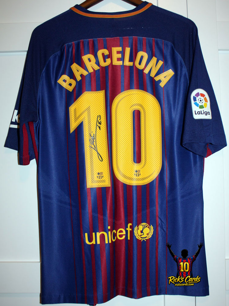 2018 Lionel Messi Autographed Red Blue FC Barcelona Home Shirt 